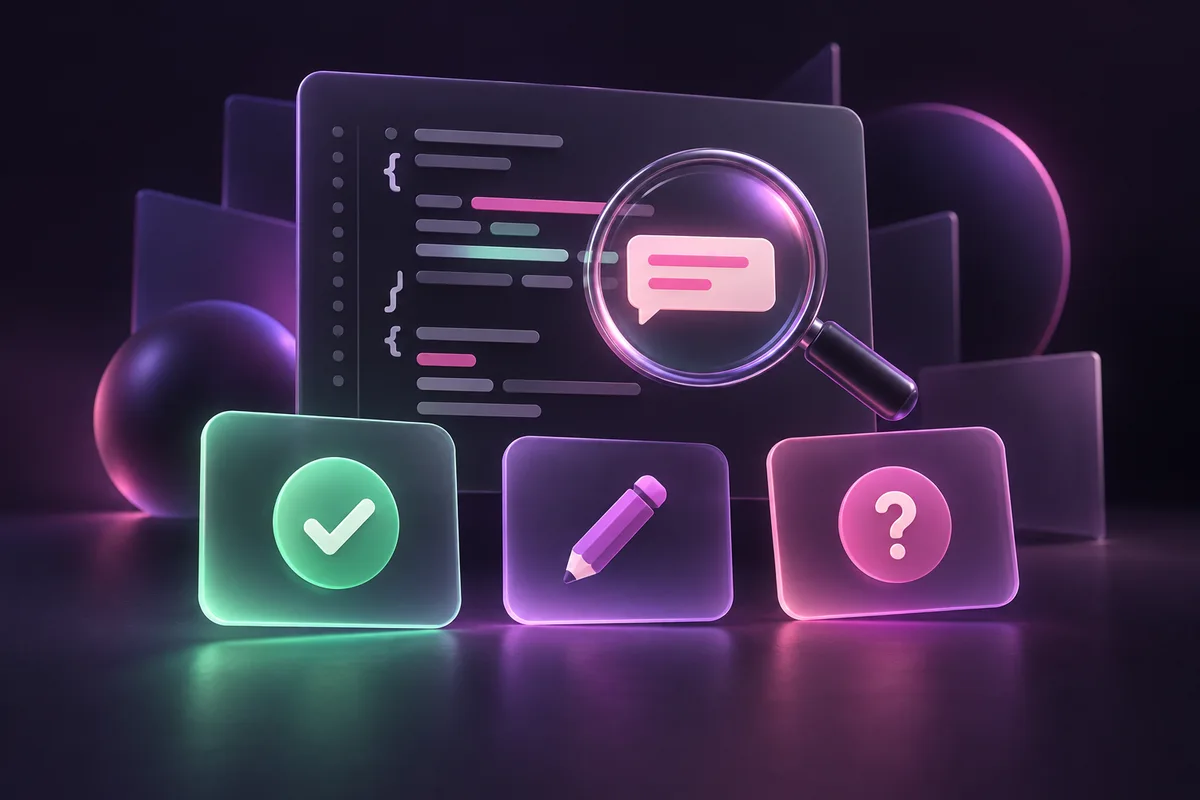 Conceptual Jev code guideline checks with a code card and three review outcomes.