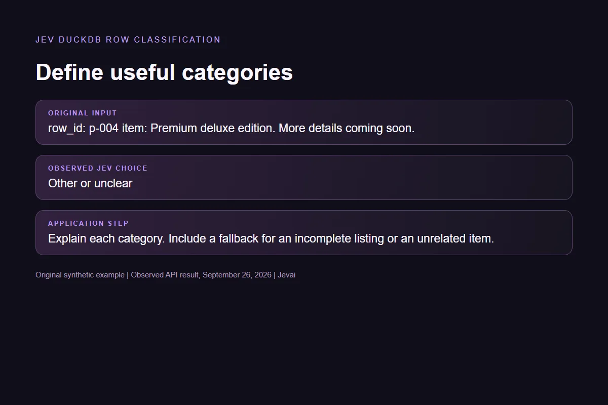 Define useful categories in the original Jev DuckDB row classification workflow.